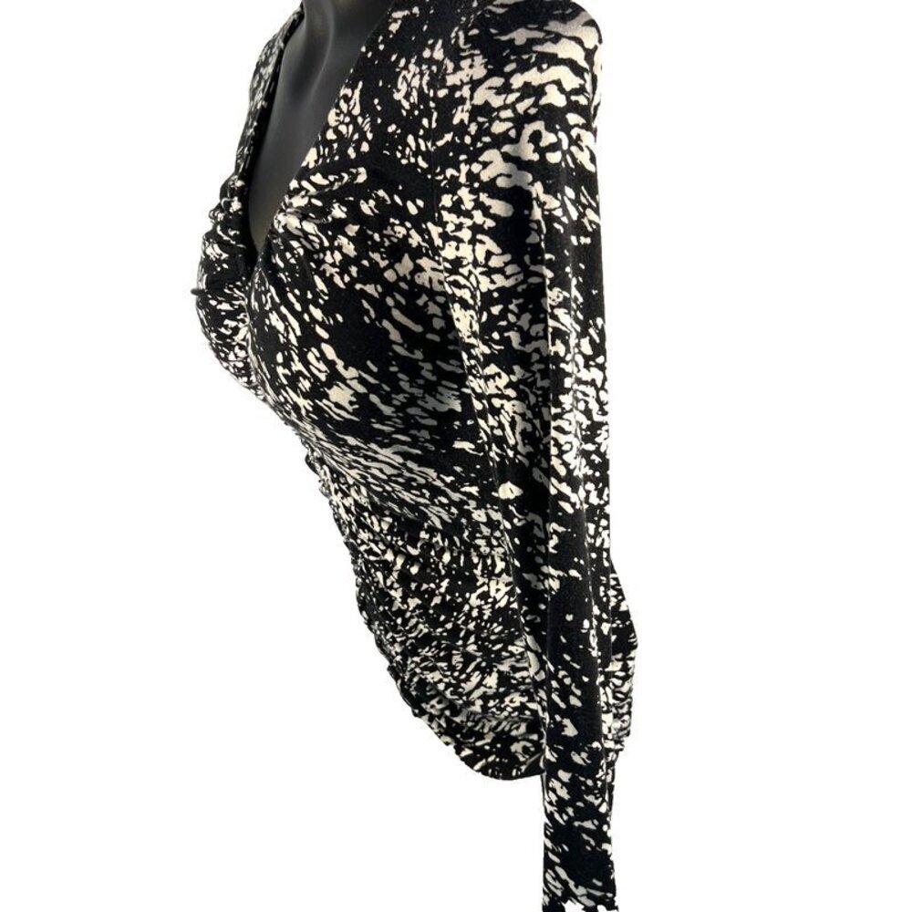 Elie Tahari - Women's S/M Blouse Black White Abstract Print Long Ruched Sleeves - Picture 9 of 16